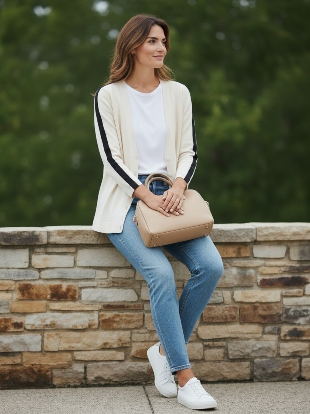 Neiman Marcus Cotton/Silk Blend Cream VNeck Cardigan with Black Shoulder Stripes
